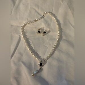 Elegant Pearl and Black Stone Jewelry Set - faux pearl and stone - New